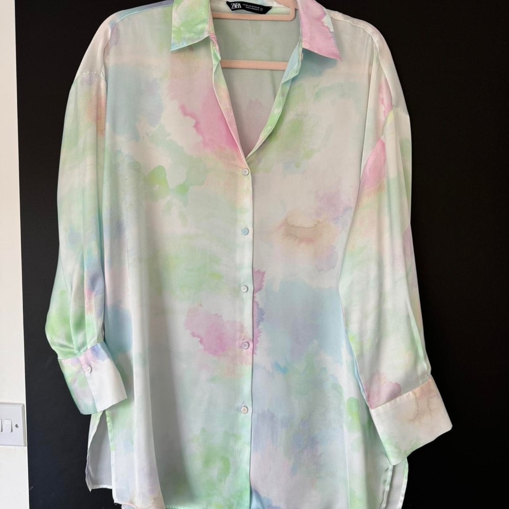 Zara Pastel Watercolor Button-Up Blouse